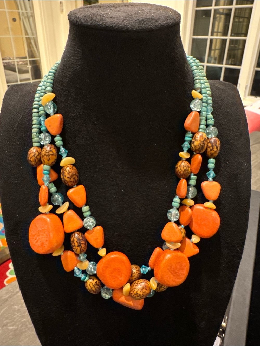 Boho Multi Strand Orange Turquoise Blue Beaded Statement Necklace Adjustable